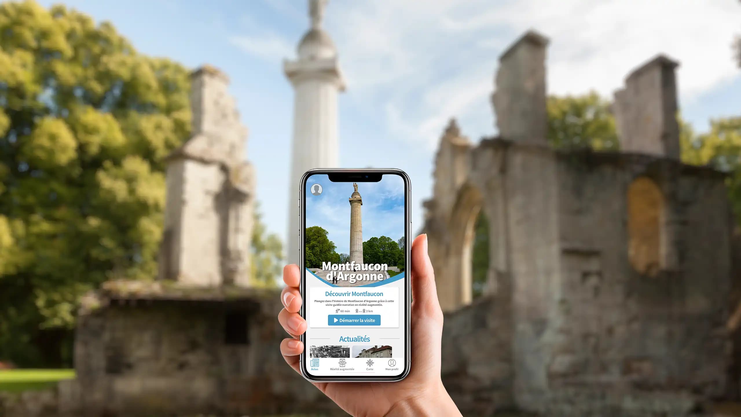 Ruines de Montfaucon-d'Argonne avec l'application Explore Montfaucon sur smartphone