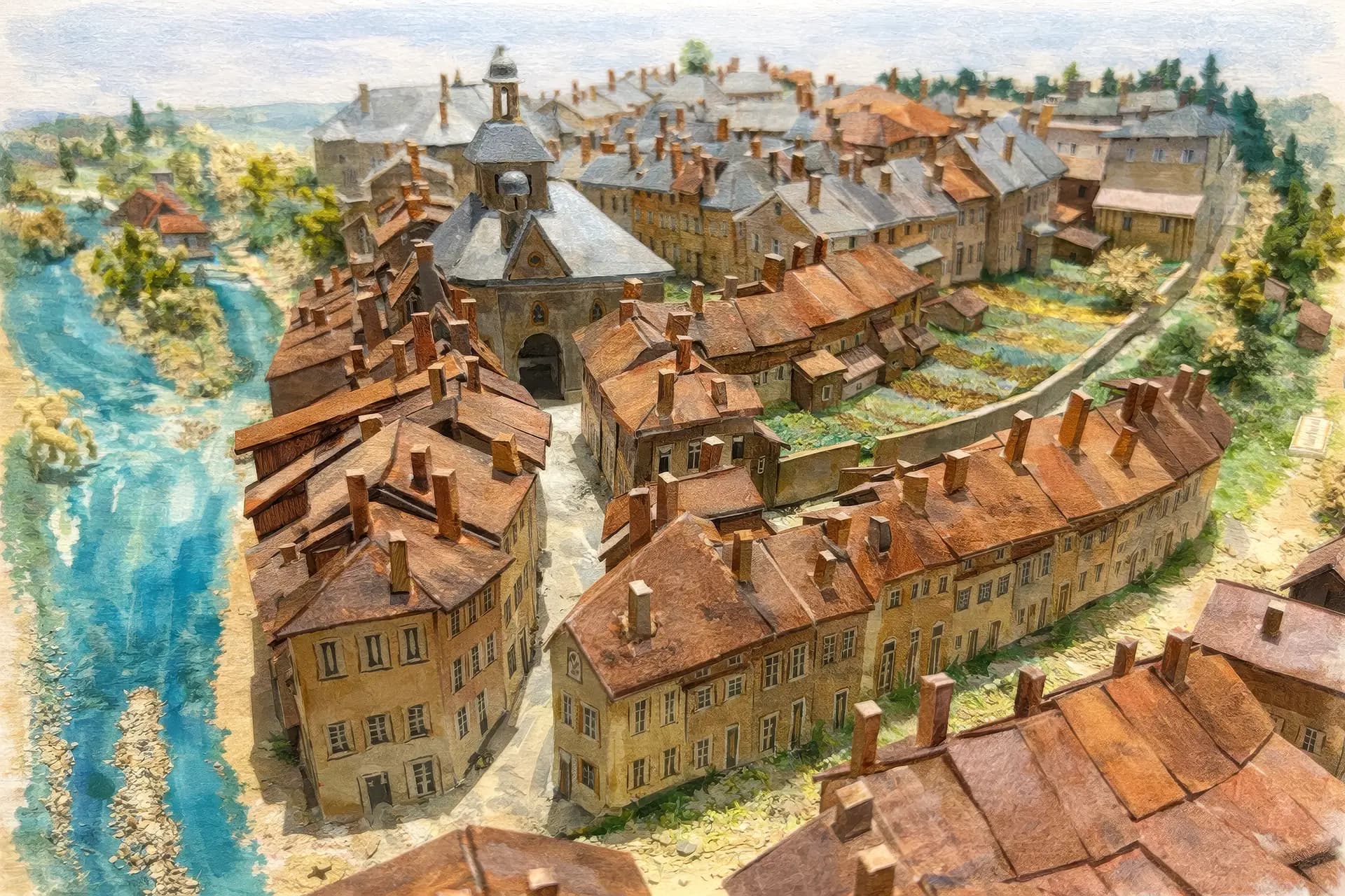 Illustration de Varennes-en-Argonne en 1791 sur base du plan relief réalisé par Michel Godard