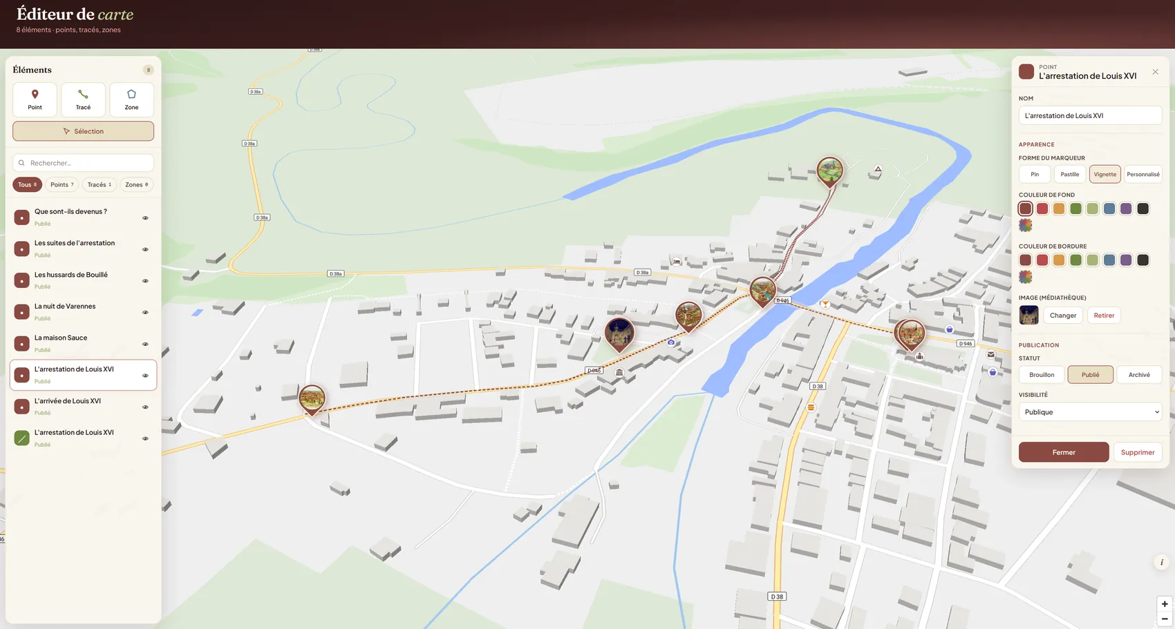 Éditeur de carte ExploGuide : tracé d'un parcours et liste des étapes