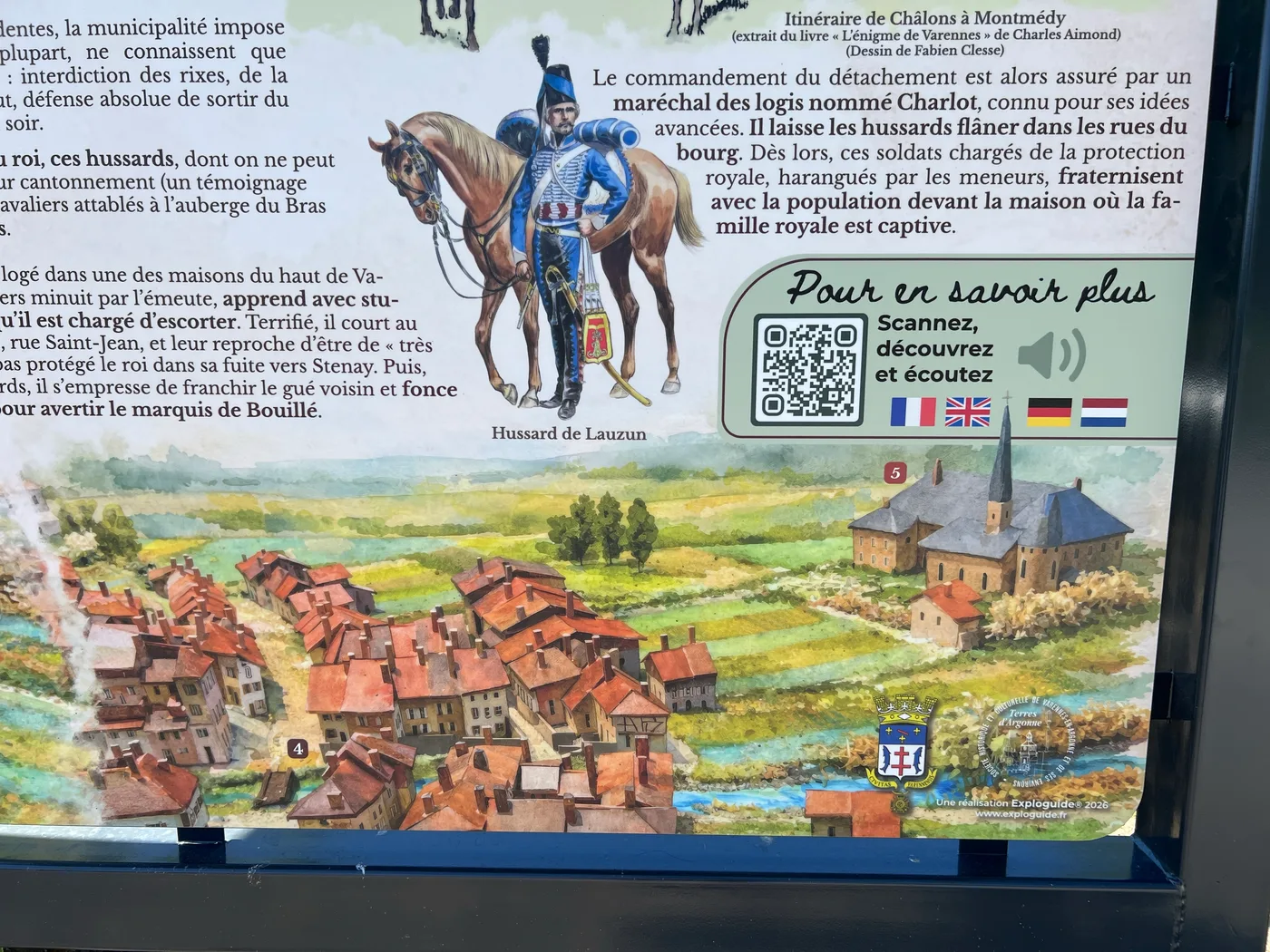 Gros plan sur un panneau ExploGuide : illustration, QR code multilingue et plan-relief aquarellé