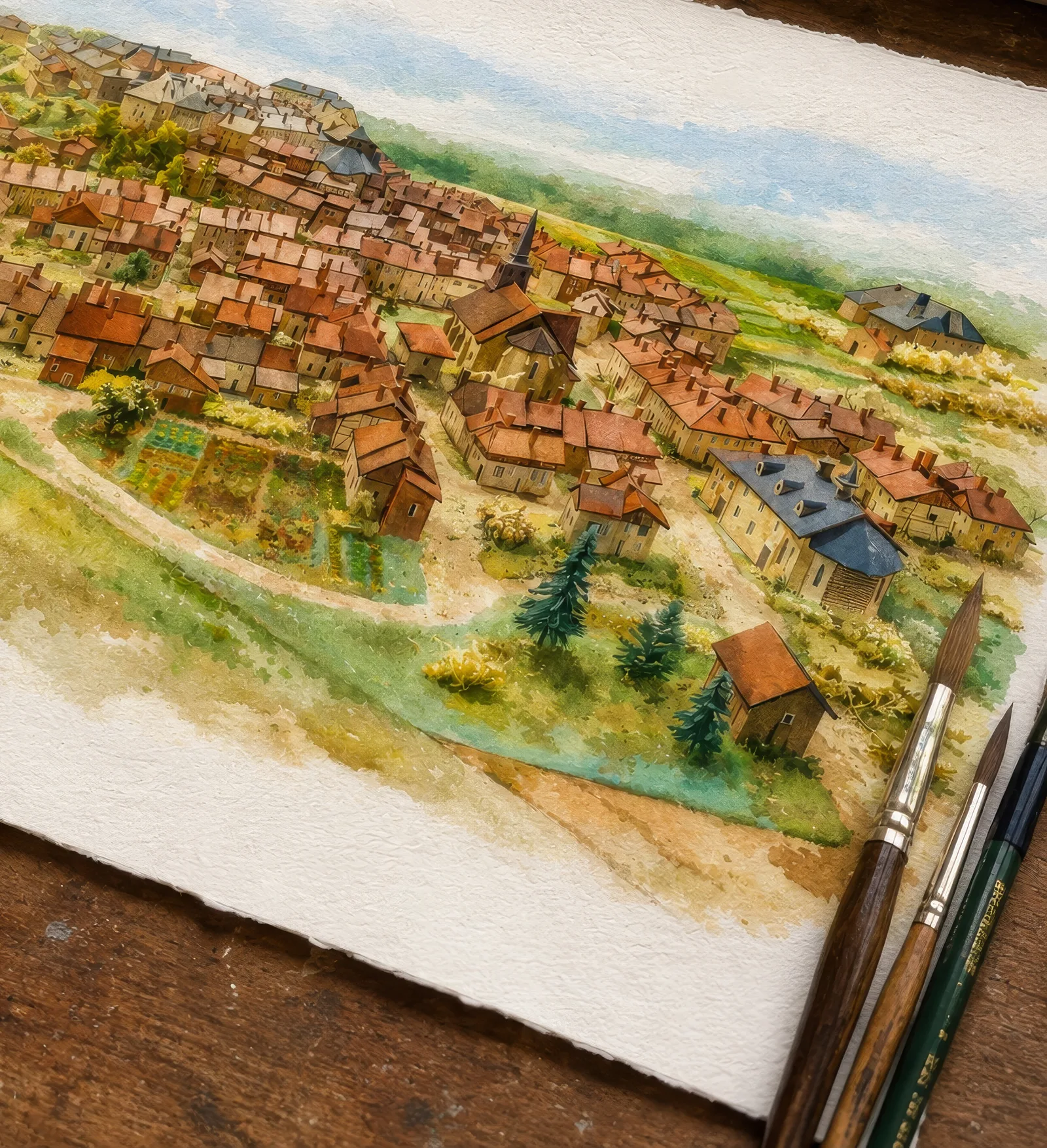 Aquarelle du village de Varennes-en-Argonne réalisée par le studio créatif ExploGuide, d'après le plan-relief de Michel Godard